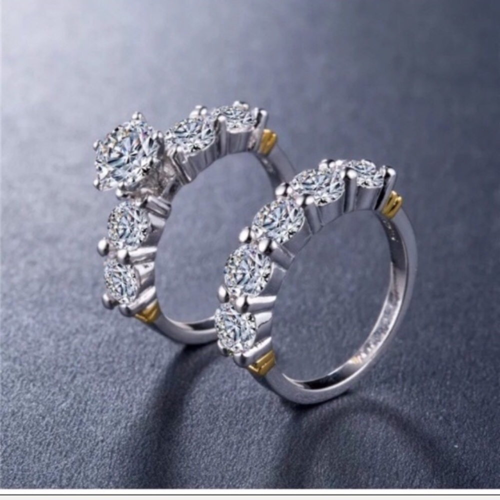 2pcs/set 925 Silver Round Cut White Sapphire Ring